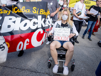 Thousands are marching outside the DNC in Chicago, Illinois, on August 19, 2024, to protest the war on Gaza. At the end of the march, a grou...