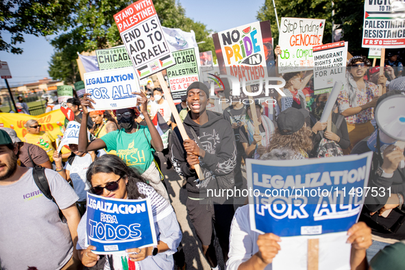 Thousands are marching outside the DNC in Chicago, Illinois, on August 19, 2024, to protest the war on Gaza. At the end of the march, a grou...