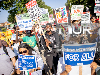 Thousands are marching outside the DNC in Chicago, Illinois, on August 19, 2024, to protest the war on Gaza. At the end of the march, a grou...