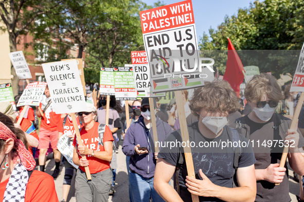 Thousands are marching outside the DNC in Chicago, Illinois, on August 19, 2024, to protest the war on Gaza. At the end of the march, a grou...