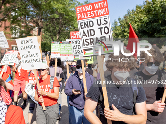 Thousands are marching outside the DNC in Chicago, Illinois, on August 19, 2024, to protest the war on Gaza. At the end of the march, a grou...