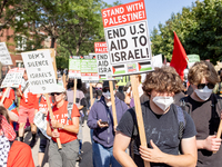 Thousands are marching outside the DNC in Chicago, Illinois, on August 19, 2024, to protest the war on Gaza. At the end of the march, a grou...