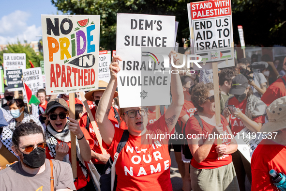 Thousands are marching outside the DNC in Chicago, Illinois, on August 19, 2024, to protest the war on Gaza. At the end of the march, a grou...