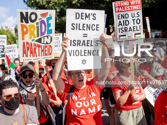 Thousands are marching outside the DNC in Chicago, Illinois, on August 19, 2024, to protest the war on Gaza. At the end of the march, a grou...