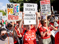 Thousands are marching outside the DNC in Chicago, Illinois, on August 19, 2024, to protest the war on Gaza. At the end of the march, a grou...