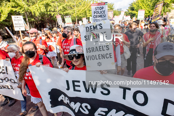 Thousands are marching outside the DNC in Chicago, Illinois, on August 19, 2024, to protest the war on Gaza. At the end of the march, a grou...