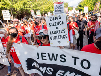 Thousands are marching outside the DNC in Chicago, Illinois, on August 19, 2024, to protest the war on Gaza. At the end of the march, a grou...