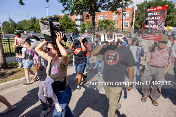 Thousands are marching outside the DNC in Chicago, Illinois, on August 19, 2024, to protest the war on Gaza. At the end of the march, a grou...