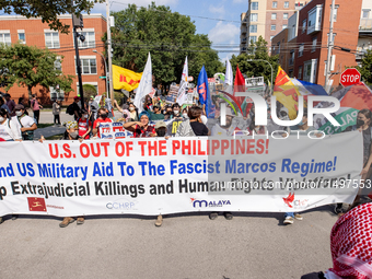 Thousands are marching outside the DNC in Chicago, Illinois, on August 19, 2024, to protest the war on Gaza. At the end of the march, a grou...