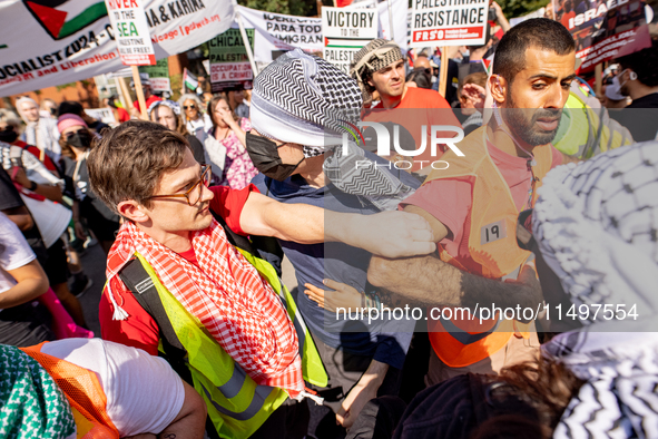 Thousands are marching outside the DNC in Chicago, Illinois, on August 19, 2024, to protest the war on Gaza. At the end of the march, a grou...