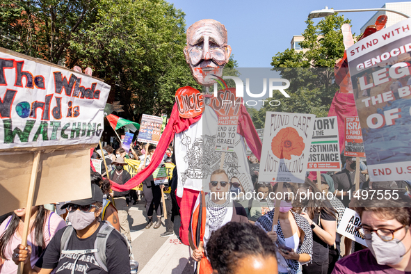 Thousands are marching outside the DNC in Chicago, Illinois, on August 19, 2024, to protest the war on Gaza. At the end of the march, a grou...