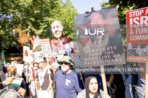 Thousands are marching outside the DNC in Chicago, Illinois, on August 19, 2024, to protest the war on Gaza. At the end of the march, a grou...