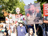 Thousands are marching outside the DNC in Chicago, Illinois, on August 19, 2024, to protest the war on Gaza. At the end of the march, a grou...