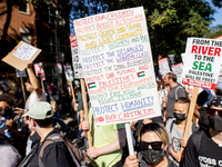 Thousands are marching outside the DNC in Chicago, Illinois, on August 19, 2024, to protest the war on Gaza. At the end of the march, a grou...