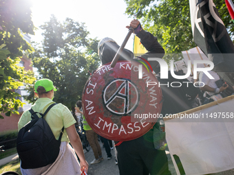 Thousands are marching outside the DNC in Chicago, Illinois, on August 19, 2024, to protest the war on Gaza. At the end of the march, a grou...