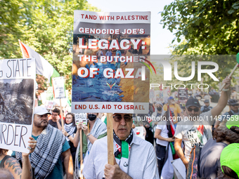 Thousands are marching outside the DNC in Chicago, Illinois, on August 19, 2024, to protest the war on Gaza. At the end of the march, a grou...