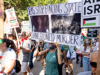 Thousands are marching outside the DNC in Chicago, Illinois, on August 19, 2024, to protest the war on Gaza. At the end of the march, a grou...