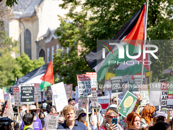 Thousands are marching outside the DNC in Chicago, Illinois, on August 19, 2024, to protest the war on Gaza. At the end of the march, a grou...