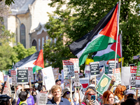 Thousands are marching outside the DNC in Chicago, Illinois, on August 19, 2024, to protest the war on Gaza. At the end of the march, a grou...