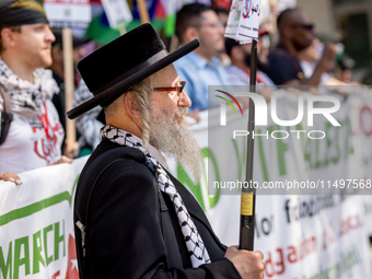 Thousands are marching outside the DNC in Chicago, Illinois, on August 19, 2024, to protest the war on Gaza. At the end of the march, a grou...