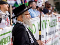 Thousands are marching outside the DNC in Chicago, Illinois, on August 19, 2024, to protest the war on Gaza. At the end of the march, a grou...