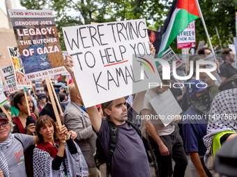 Thousands are marching outside the DNC in Chicago, Illinois, on August 19, 2024, to protest the war on Gaza. At the end of the march, a grou...