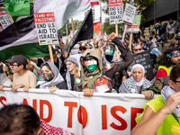 Thousands are marching outside the DNC in Chicago, Illinois, on August 19, 2024, to protest the war on Gaza. At the end of the march, a grou...