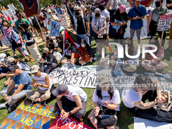 Thousands are marching outside the DNC in Chicago, Illinois, on August 19, 2024, to protest the war on Gaza. At the end of the march, a grou...