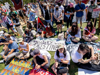 Thousands are marching outside the DNC in Chicago, Illinois, on August 19, 2024, to protest the war on Gaza. At the end of the march, a grou...