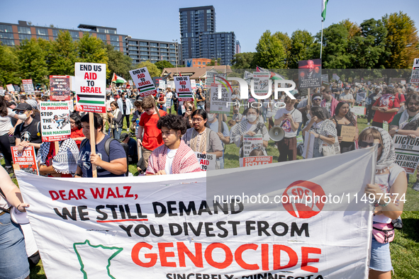 Thousands are marching outside the DNC in Chicago, Illinois, on August 19, 2024, to protest the war on Gaza. At the end of the march, a grou...