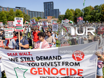 Thousands are marching outside the DNC in Chicago, Illinois, on August 19, 2024, to protest the war on Gaza. At the end of the march, a grou...