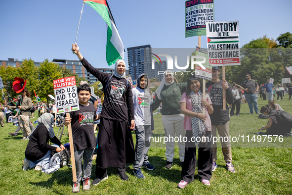 Thousands are marching outside the DNC in Chicago, Illinois, on August 19, 2024, to protest the war on Gaza. At the end of the march, a grou...