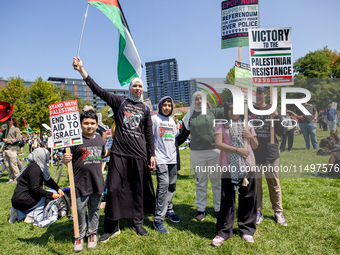 Thousands are marching outside the DNC in Chicago, Illinois, on August 19, 2024, to protest the war on Gaza. At the end of the march, a grou...