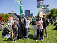 Thousands are marching outside the DNC in Chicago, Illinois, on August 19, 2024, to protest the war on Gaza. At the end of the march, a grou...