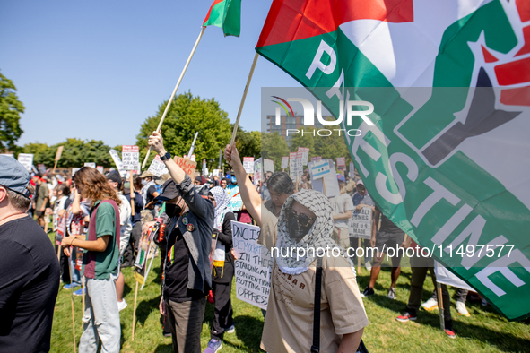 Thousands are marching outside the DNC in Chicago, Illinois, on August 19, 2024, to protest the war on Gaza. At the end of the march, a grou...