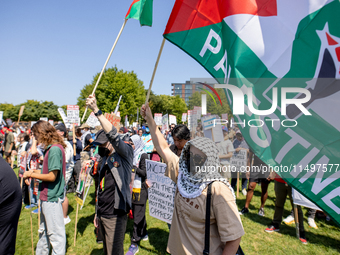 Thousands are marching outside the DNC in Chicago, Illinois, on August 19, 2024, to protest the war on Gaza. At the end of the march, a grou...