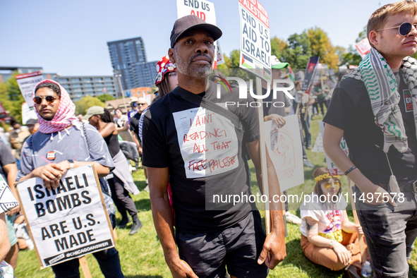 Thousands are marching outside the DNC in Chicago, Illinois, on August 19, 2024, to protest the war on Gaza. At the end of the march, a grou...