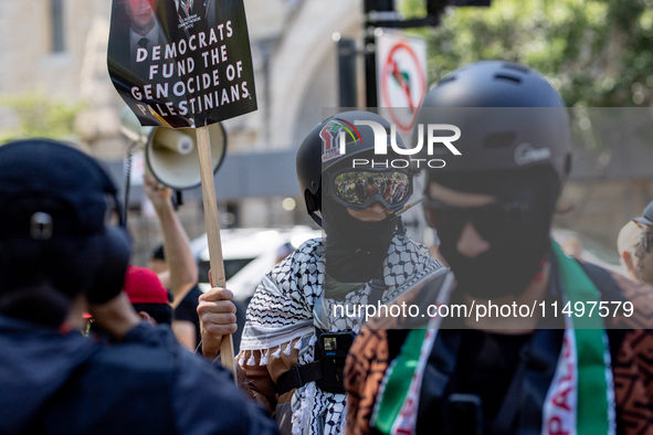 Thousands are marching outside the DNC in Chicago, Illinois, on August 19, 2024, to protest the war on Gaza. At the end of the march, a grou...