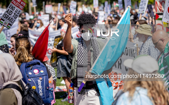 Thousands are marching outside the DNC in Chicago, Illinois, on August 19, 2024, to protest the war on Gaza. At the end of the march, a grou...