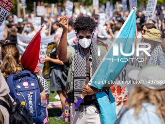 Thousands are marching outside the DNC in Chicago, Illinois, on August 19, 2024, to protest the war on Gaza. At the end of the march, a grou...