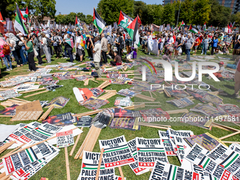 Thousands are marching outside the DNC in Chicago, Illinois, on August 19, 2024, to protest the war on Gaza. At the end of the march, a grou...