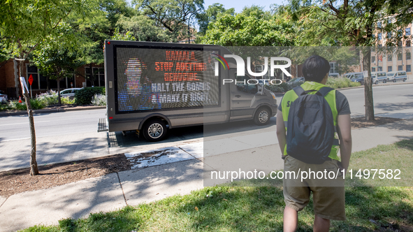 Thousands are marching outside the DNC in Chicago, Illinois, on August 19, 2024, to protest the war on Gaza. At the end of the march, a grou...