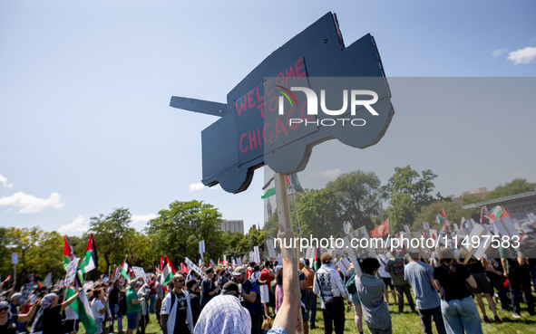 Thousands are marching outside the DNC in Chicago, Illinois, on August 19, 2024, to protest the war on Gaza. At the end of the march, a grou...