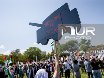 Thousands are marching outside the DNC in Chicago, Illinois, on August 19, 2024, to protest the war on Gaza. At the end of the march, a grou...