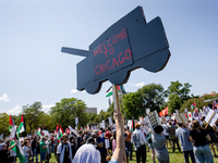 Thousands are marching outside the DNC in Chicago, Illinois, on August 19, 2024, to protest the war on Gaza. At the end of the march, a grou...