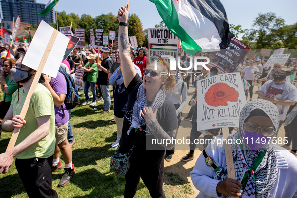 Thousands are marching outside the DNC in Chicago, Illinois, on August 19, 2024, to protest the war on Gaza. At the end of the march, a grou...