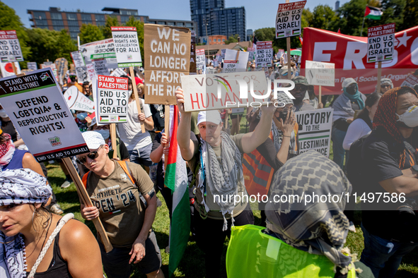 Thousands are marching outside the DNC in Chicago, Illinois, on August 19, 2024, to protest the war on Gaza. At the end of the march, a grou...