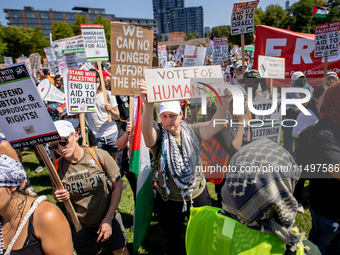 Thousands are marching outside the DNC in Chicago, Illinois, on August 19, 2024, to protest the war on Gaza. At the end of the march, a grou...