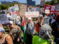 Thousands are marching outside the DNC in Chicago, Illinois, on August 19, 2024, to protest the war on Gaza. At the end of the march, a grou...