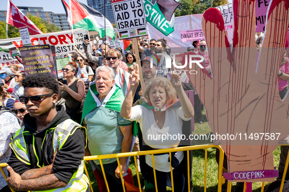 Thousands are marching outside the DNC in Chicago, Illinois, on August 19, 2024, to protest the war on Gaza. At the end of the march, a grou...